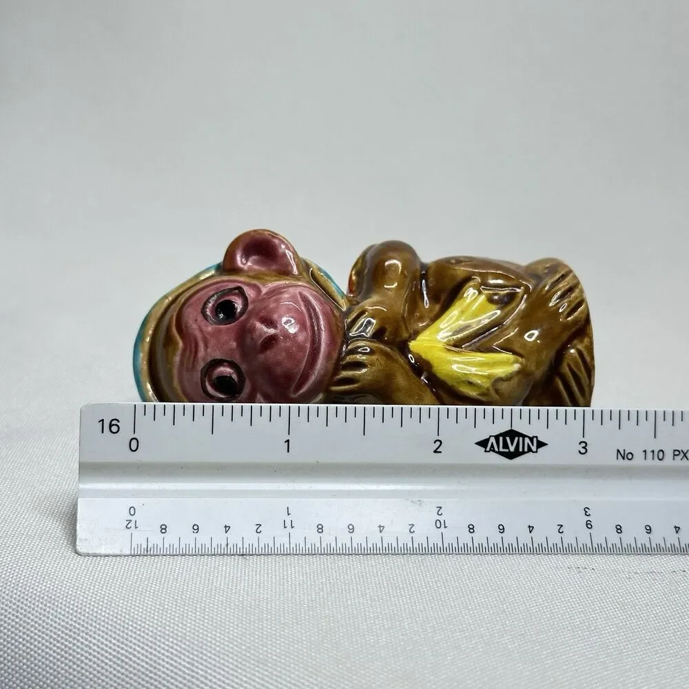 Vintage Japan Monkey Salt Pepper Shakers Ceramic Bonnet & Top Hat Pair Corks